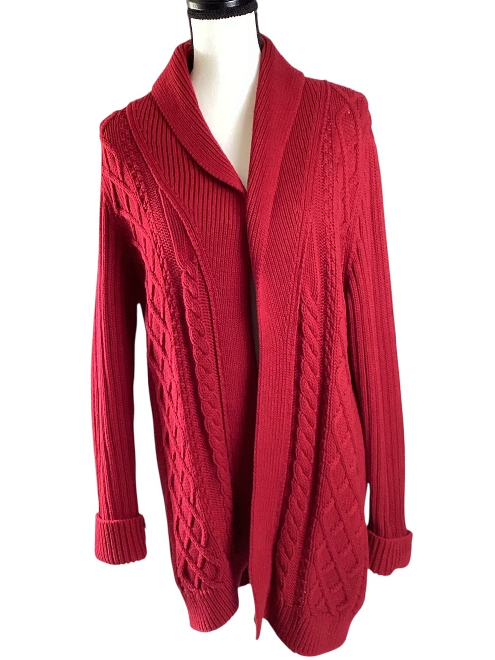 Talbots Red Cable-Knit Shawl Collar open front Cardigan cotton